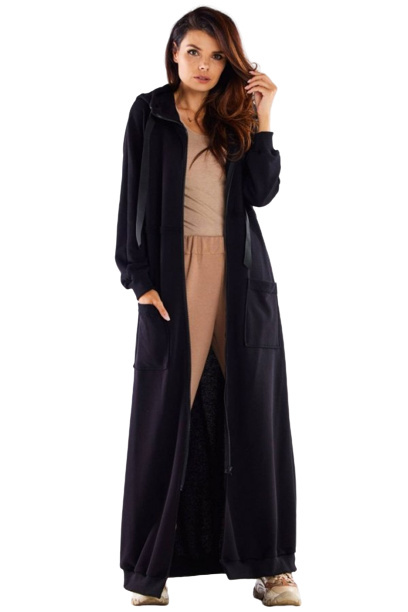 Bluza damska długa z kapturem rozpinana dresowa bawełna czarna